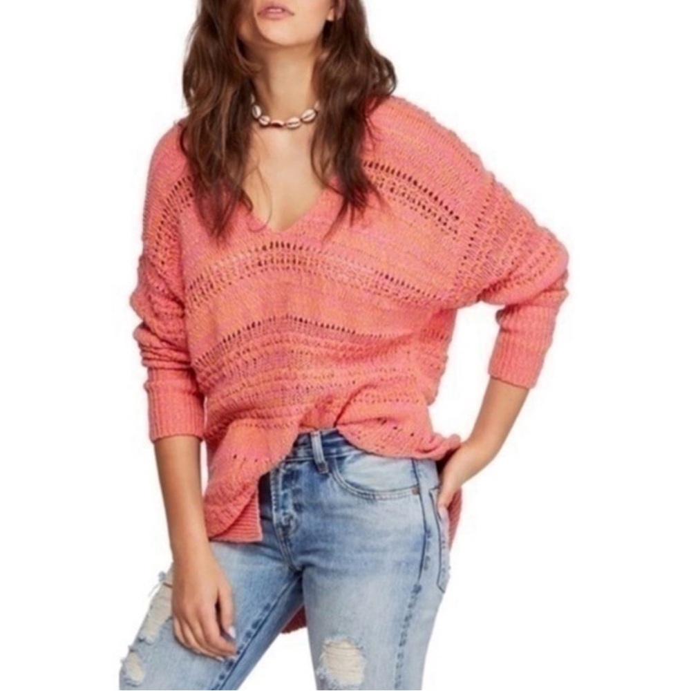 Free People‎ Hot Tropics V Neck Pullover Sweater Pink Paloma Size Medium